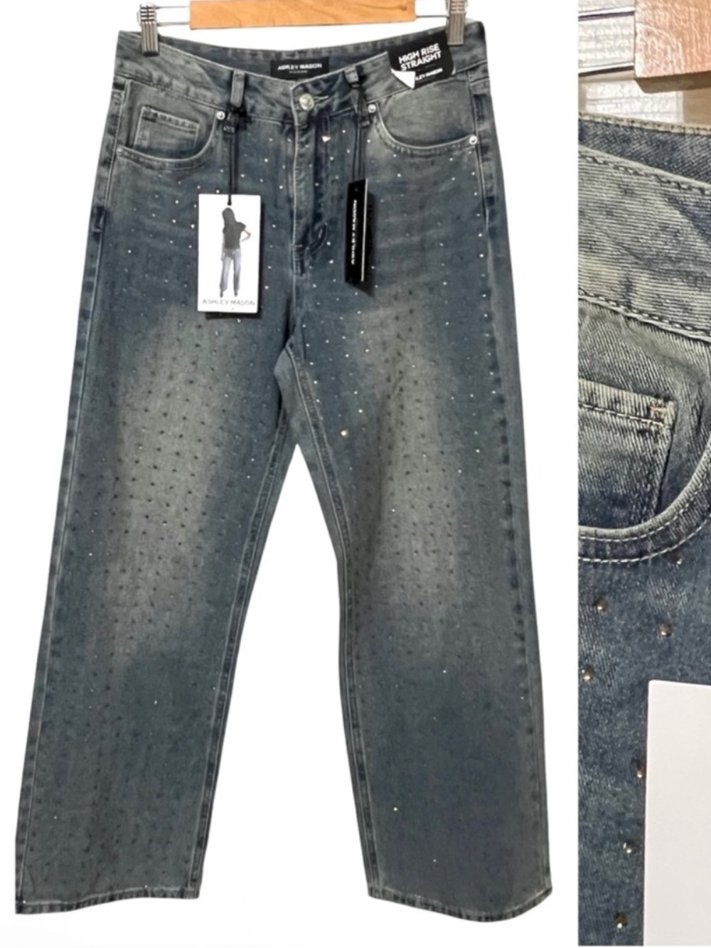 Ashley Mason Embellished Rhinestone High Rise Straight Jeans Size 5/27 New